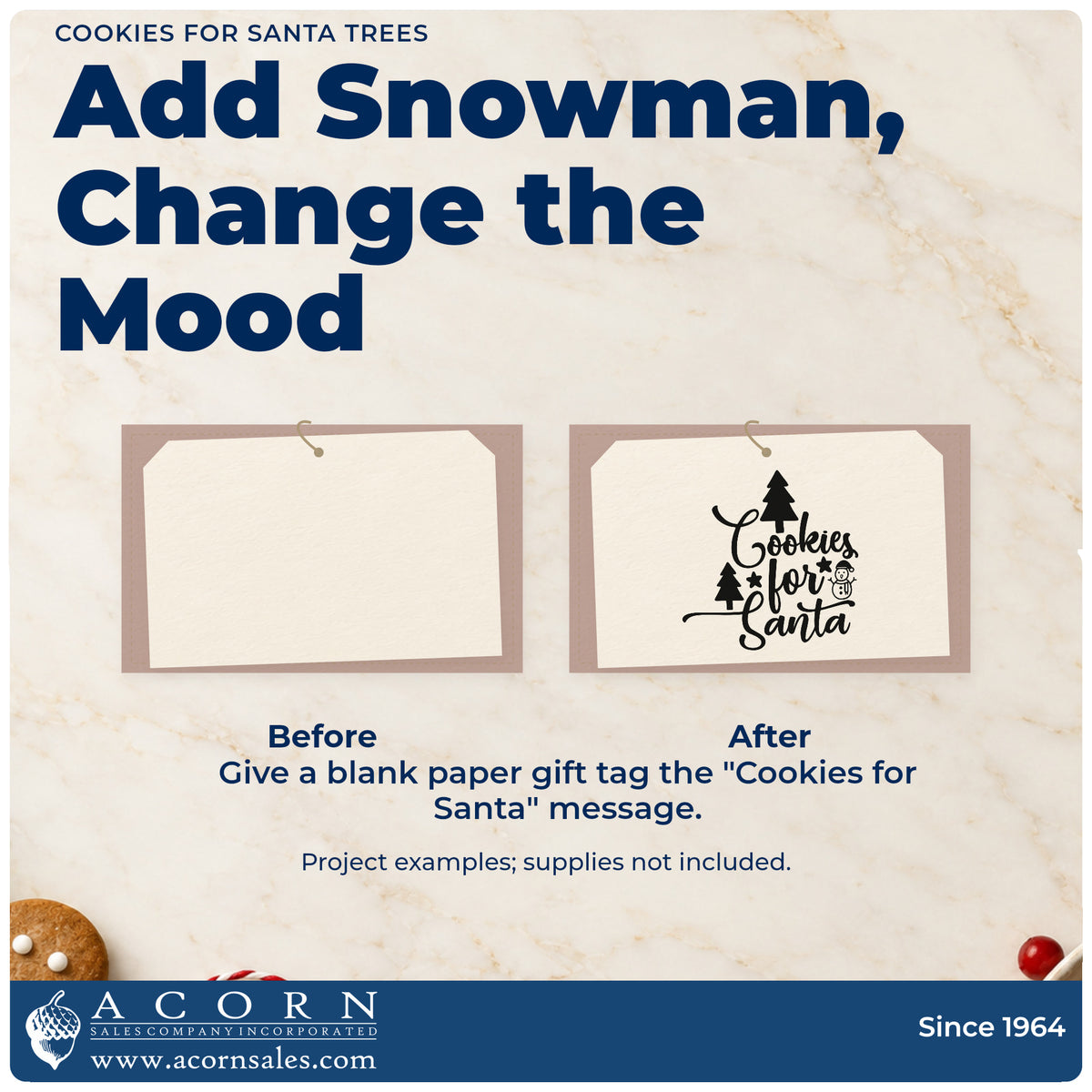 Before and after of a plain item finished with the Cookies For Santa Trees Snowman Duo Hand Stamp, a quick upgrade for smock pocket printing.