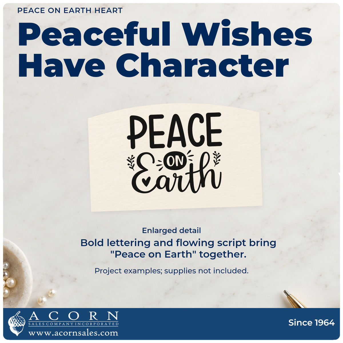Enlarged detail of the Vintage Pro Peace On Earth Heart Premium Wooden Stamp imprint. “Peace on Earth” combines capitals and script with a small heart and leafy sprigs.