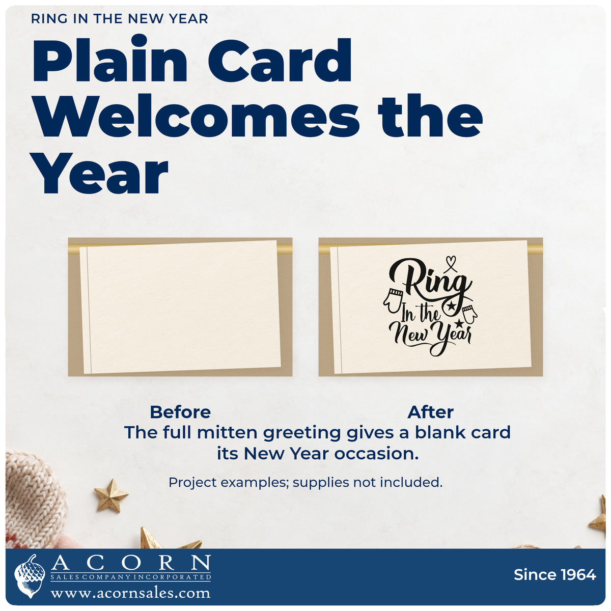 Before and after of a plain item finished with the Ring In The New Year Mittens Stamp – Premium Vintage Pro Wooden, a quick upgrade for framed back door.