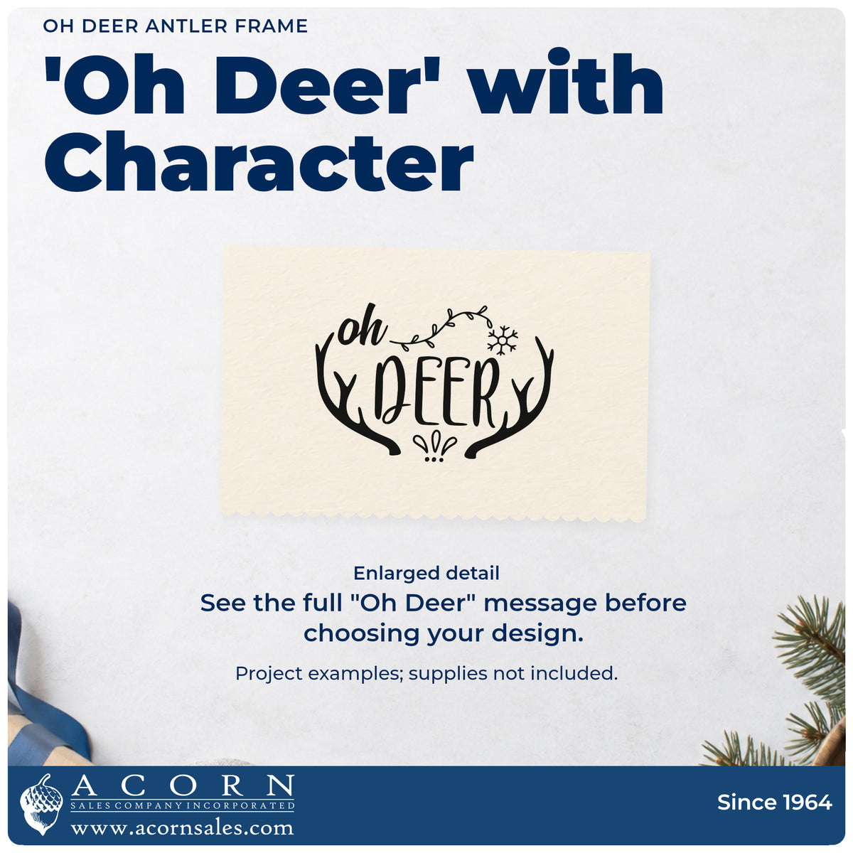 Enlarged detail of the Oh Deer Antler Frame Self-Inking Craft Stamp imprint. “Oh Deer” sits between large antlers with a leafy arc and snowflake overhead.