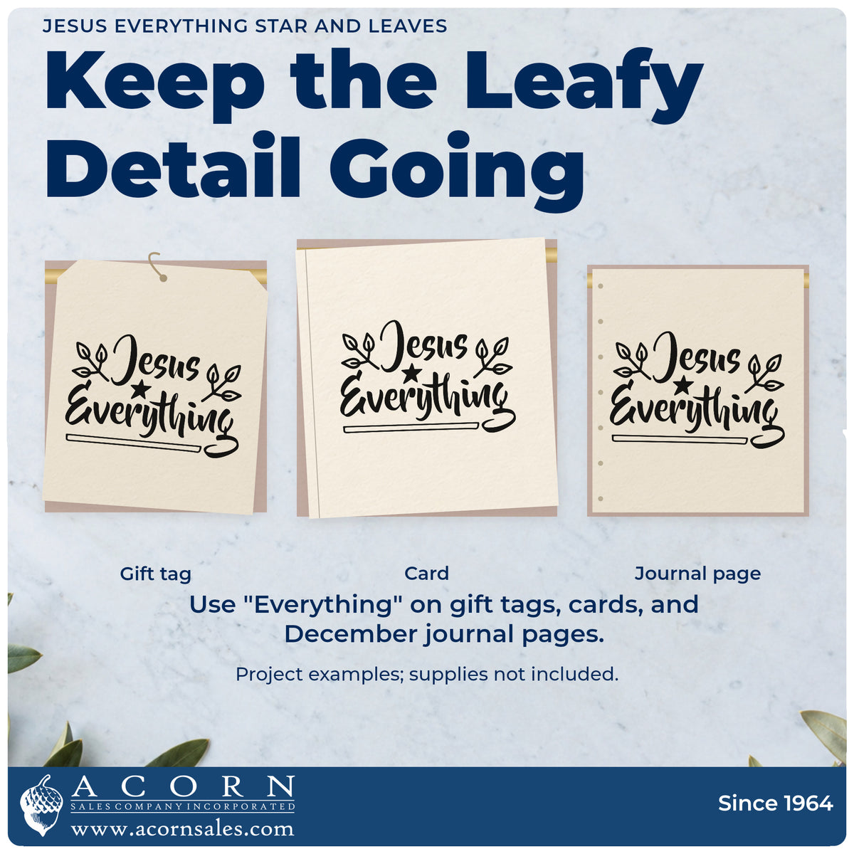 Three project examples made with the Jesus Everything Star And Leaves Rubber Stamp – Wood Handle, including verse memory sheet.