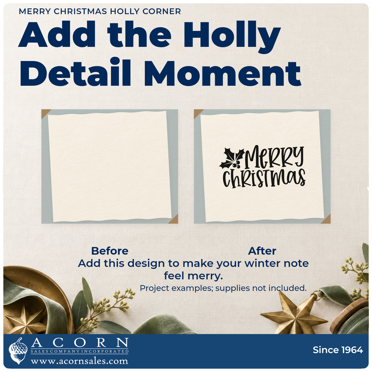 Before and after of a plain item finished with the Merry Christmas Holly Corner Block Lettering Pre-Inked Stamp – Slim, a quick upgrade for framed off center.