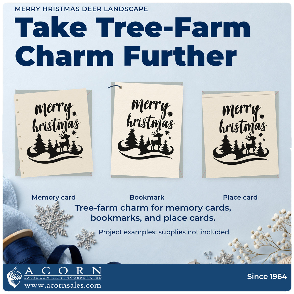 Three project examples made with the Snowy Deer And Pine Landscape Pre-Inked Stamp – Slim, including footer rule sheet.