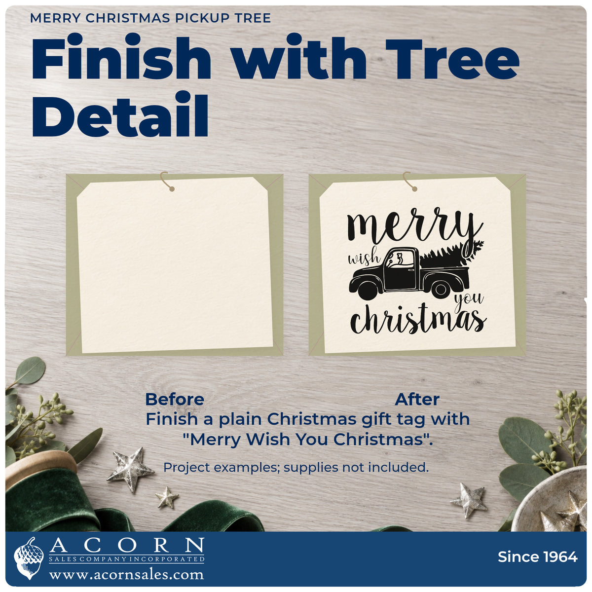 Before and after of a plain item finished with the Merry Christmas Pickup Tree Pre-Inked Stamp – PSI, a quick upgrade for framed office trailer.