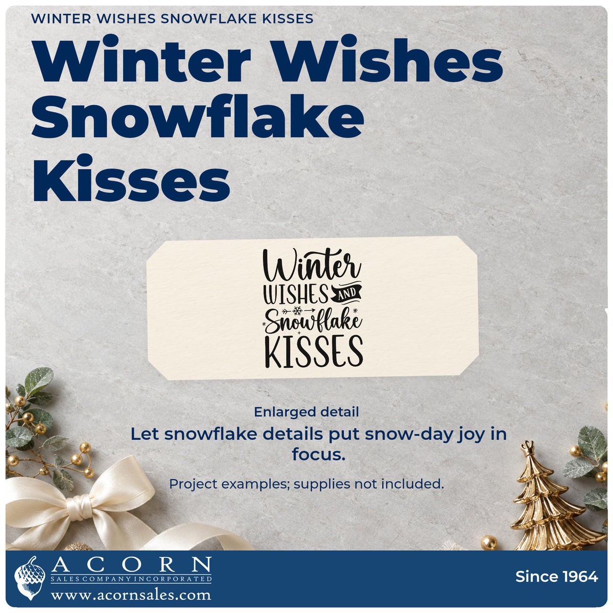 Enlarged detail of the Winter Wishes Snowflake Kisses Stamp – Slim Pre-Inked imprint. “Winter Wishes and Snowflake Kisses” features a dark banner, snowflake, and tiny stars.