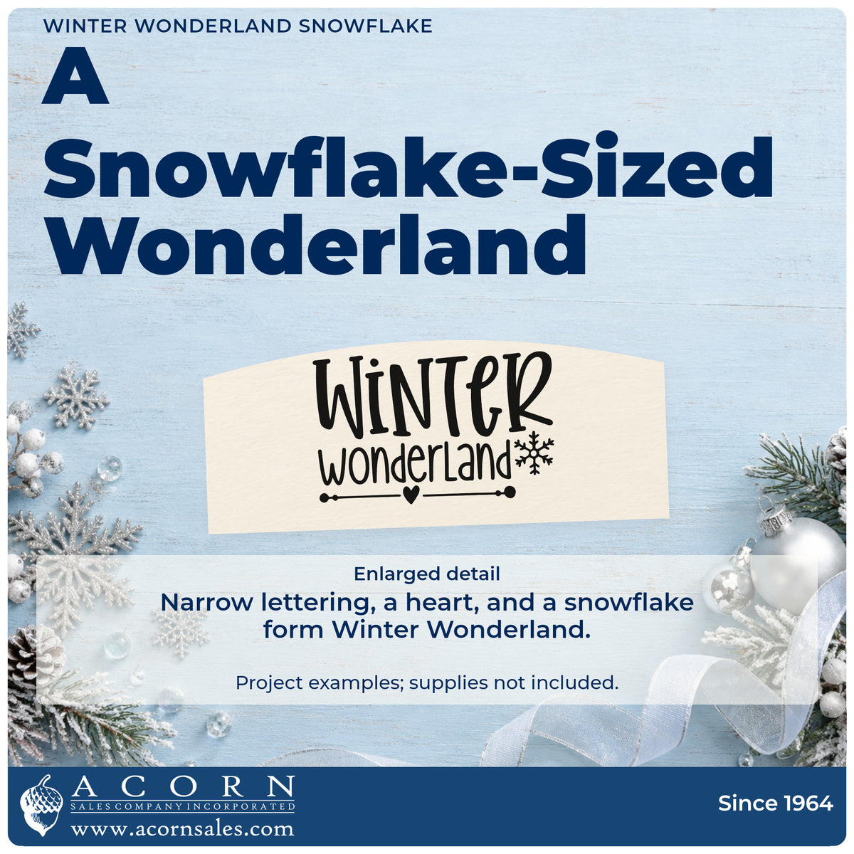 Enlarged detail of the Winter Wonderland Snowflake With Hearts Wood-Mounted Rubber Stamp imprint. “Winter Wonderland” appears in narrow lettering with a snowflake, heart, and horizontal line.
