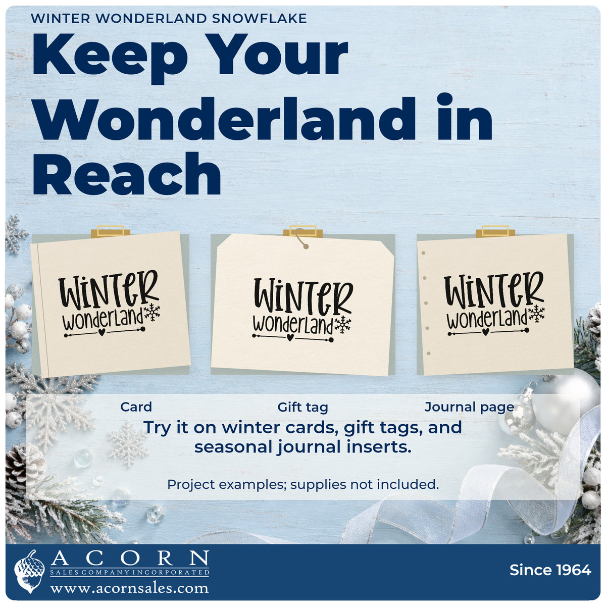 Three project examples made with the Winter Wonderland Snowflake With Hearts Hand Stamp – Duo, including divider line sheet.
