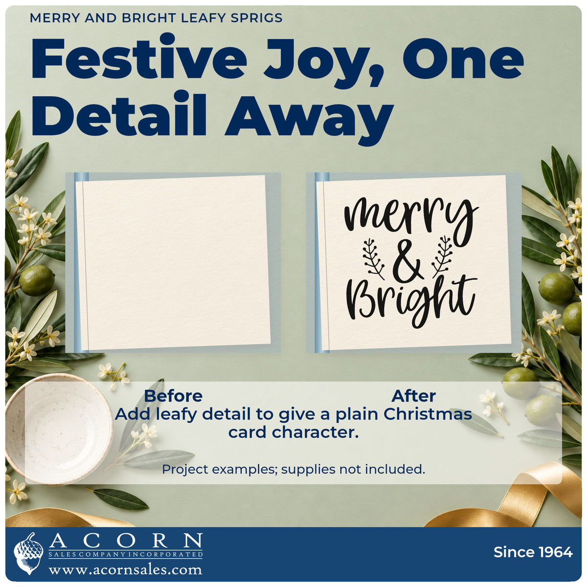 Before and after of a plain item finished with the Wood Handle Merry And Bright Leafy Sprigs Script Lettering Rubber Stamp, a quick upgrade for framed matched duo.