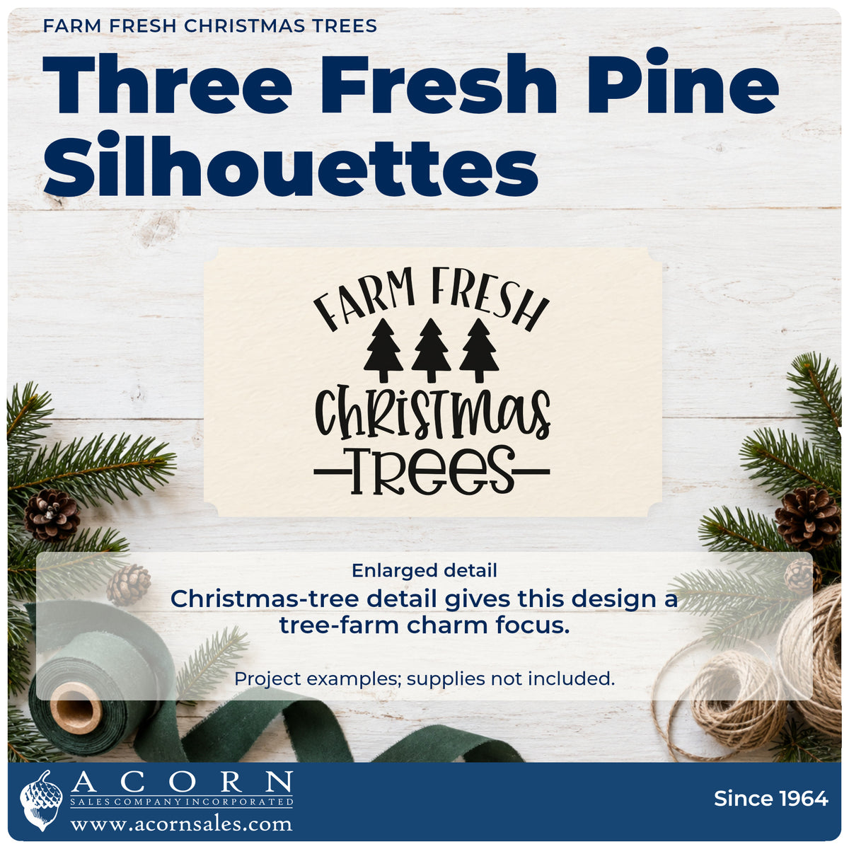 Enlarged detail of the Three Pines Farm Fresh Christmas Trees Stamp – Self-Inking imprint. “Farm Fresh Christmas Trees” surrounds three pine silhouettes with horizontal accent lines.