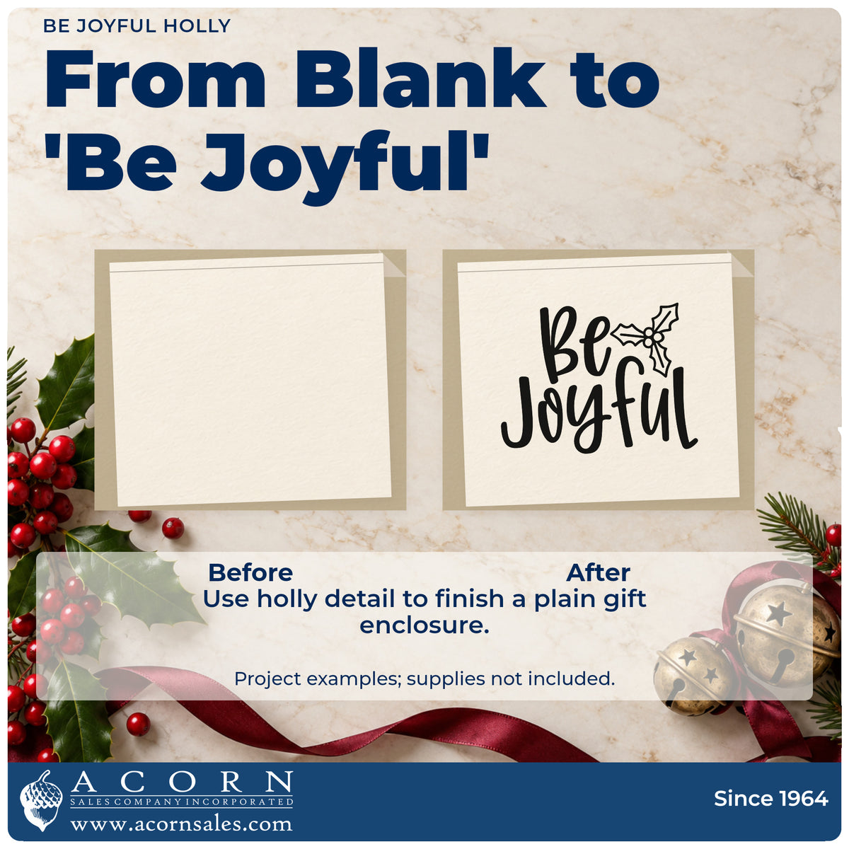 Before and after of a plain item finished with the Be Joyful Holly Script Lettering Rubber Stamp – Wood Handle, a quick upgrade for framed desk card.