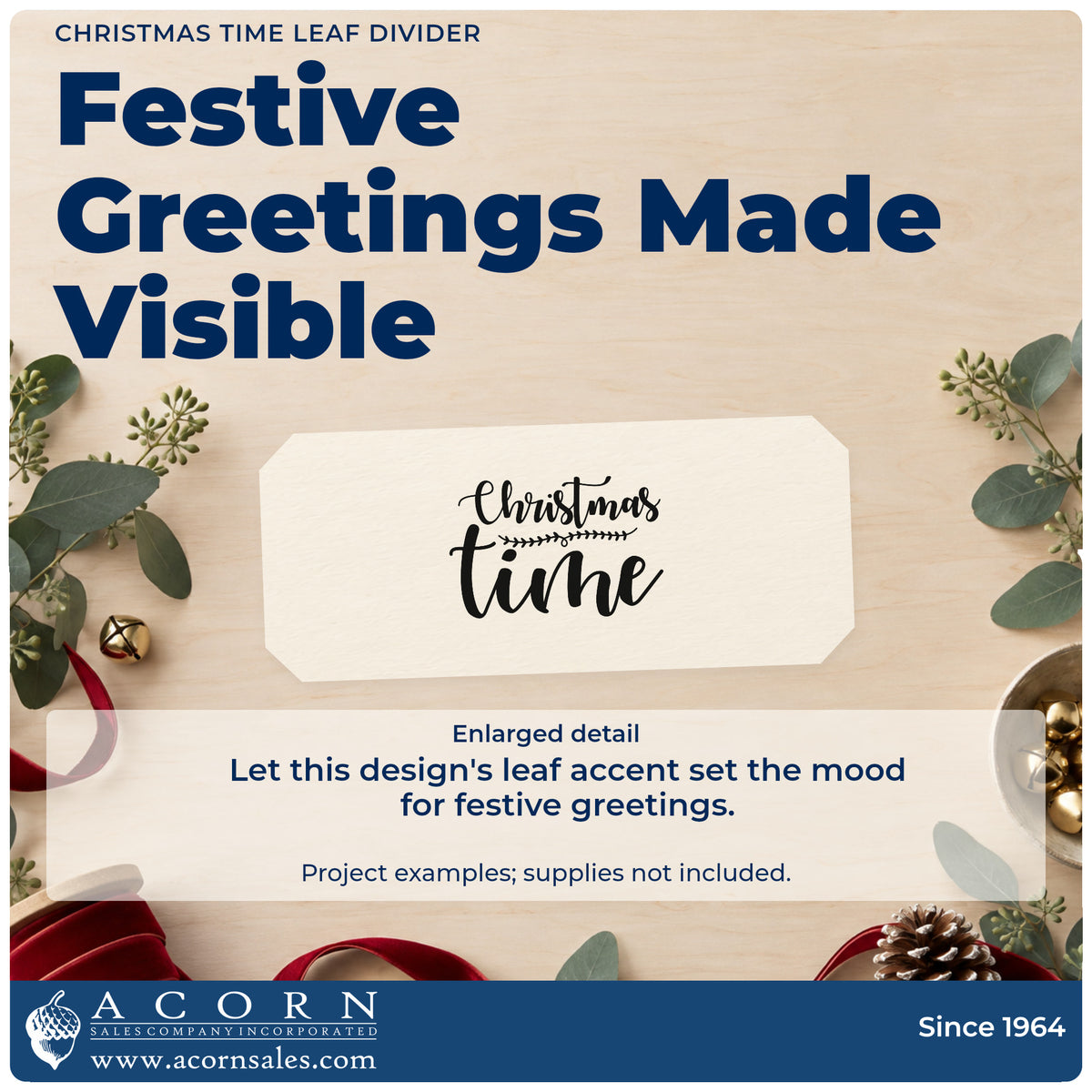 Enlarged detail of the Leaf-Divided Christmas Time Lettering Pre-Inked Stamp – PSI imprint. Script “Christmas” sits above a leafy divider and oversized “Time.”