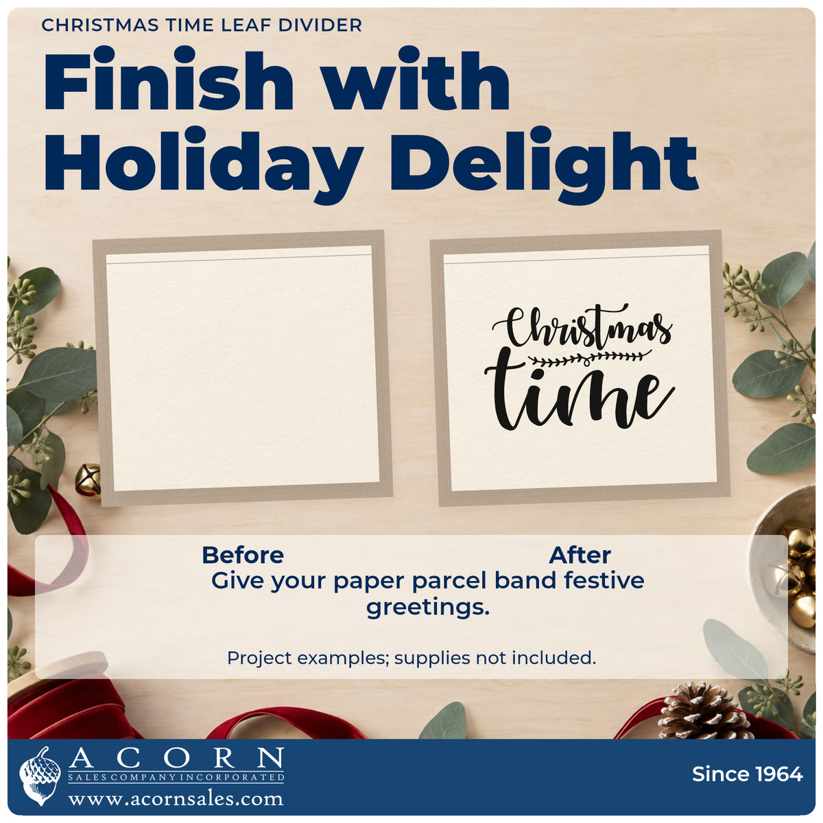 Before and after of a plain item finished with the Leaf-Divided Christmas Time Lettering Rubber Stamp – Duo Hand, a quick upgrade for framed stacked pair.