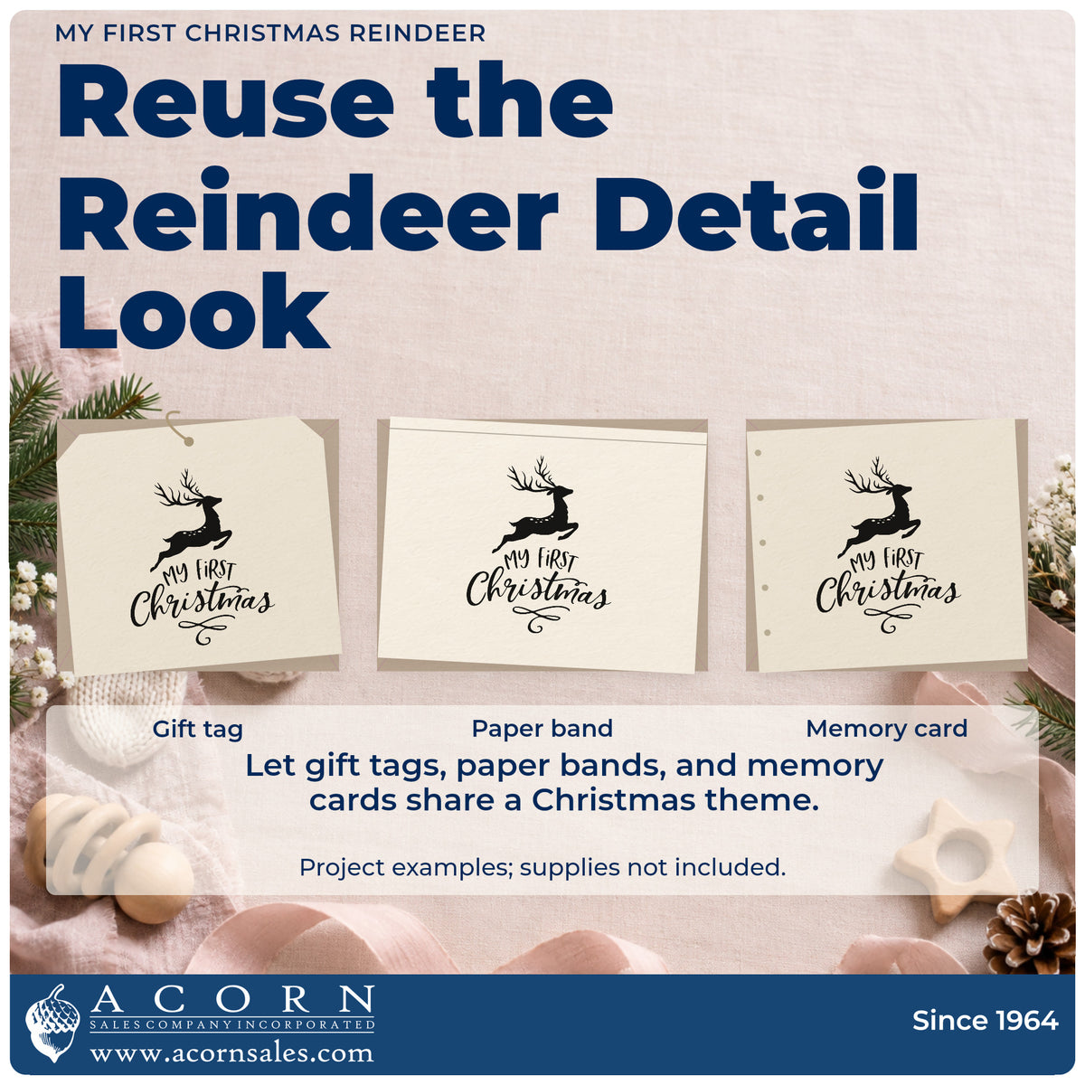 Three project examples made with the My First Christmas Reindeer Rubber Stamp – Wood Handle, including firsts log sheet.