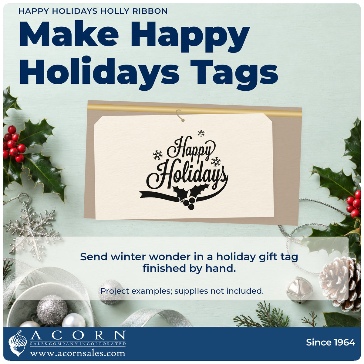 A finished handmade project stamped with the Premium Wooden Happy Holidays Holly Ribbon Snowflakes Stamp – Vintage Pro, ideal for ribbon craft album.