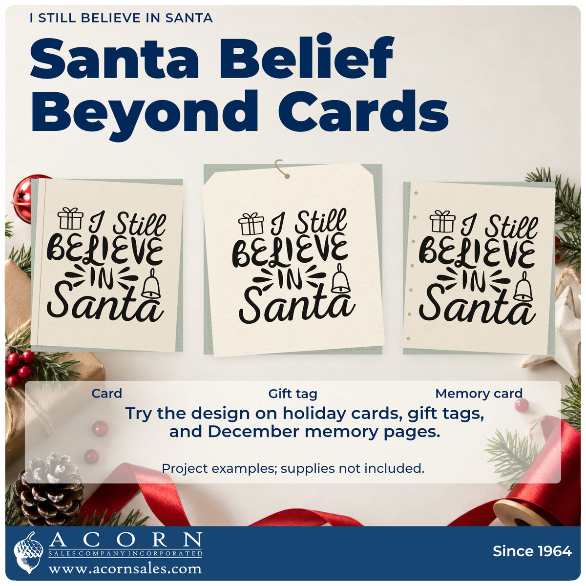 Three project examples made with the I Still Believe In Santa Bells Premium Wooden Stamp – Vintage Pro, including memory prompt sheet.