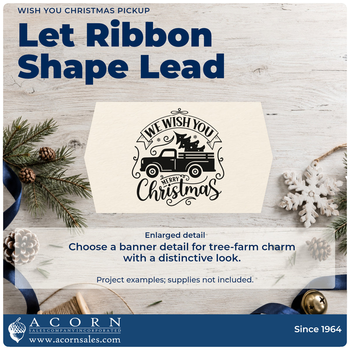 Enlarged detail of the Wish You Christmas Pickup Tree Motif Premium Wooden Stamp – Vintage Pro imprint. “We Wish You Merry Christmas” surrounds a vintage pickup carrying a tree with a banner and curls.