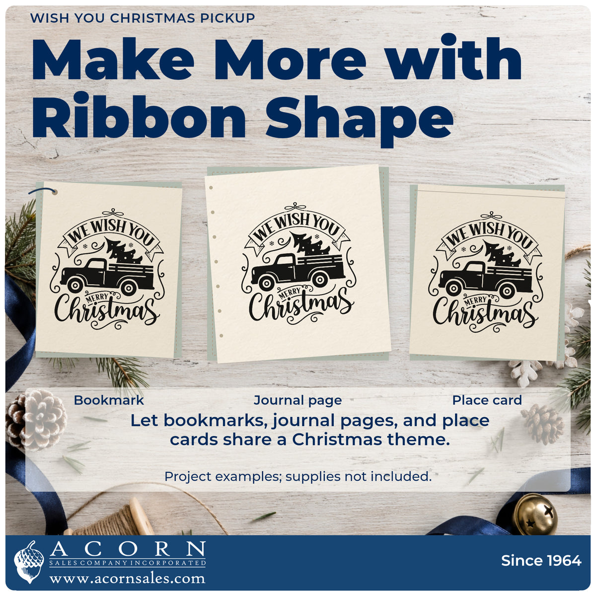 Three project examples made with the Wish You Christmas Pickup Tree Motif Premium Wooden Stamp – Vintage Pro, including drop off list sheet.