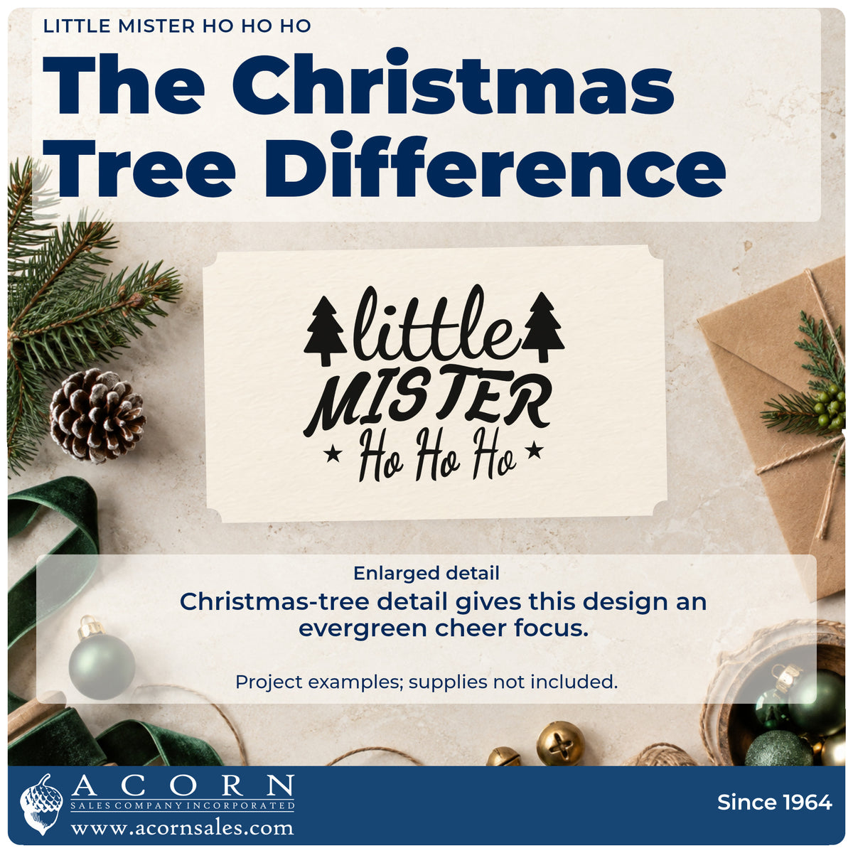 Enlarged detail of the Little Mister Ho Ho Ho Premium Wood-Mounted Stamp – Vintage Pro imprint. “Little Mister Ho Ho Ho” appears between two pine silhouettes with small stars.