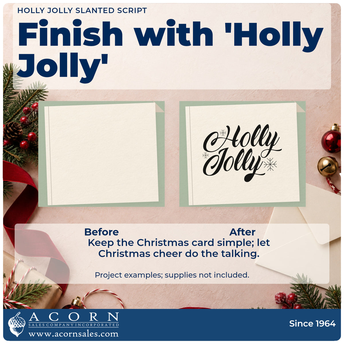 Before and after of a plain item finished with the Holly Jolly Slanted Script Lettering Pre-Inked Stamp – Slim, a quick upgrade for framed tilted mat.