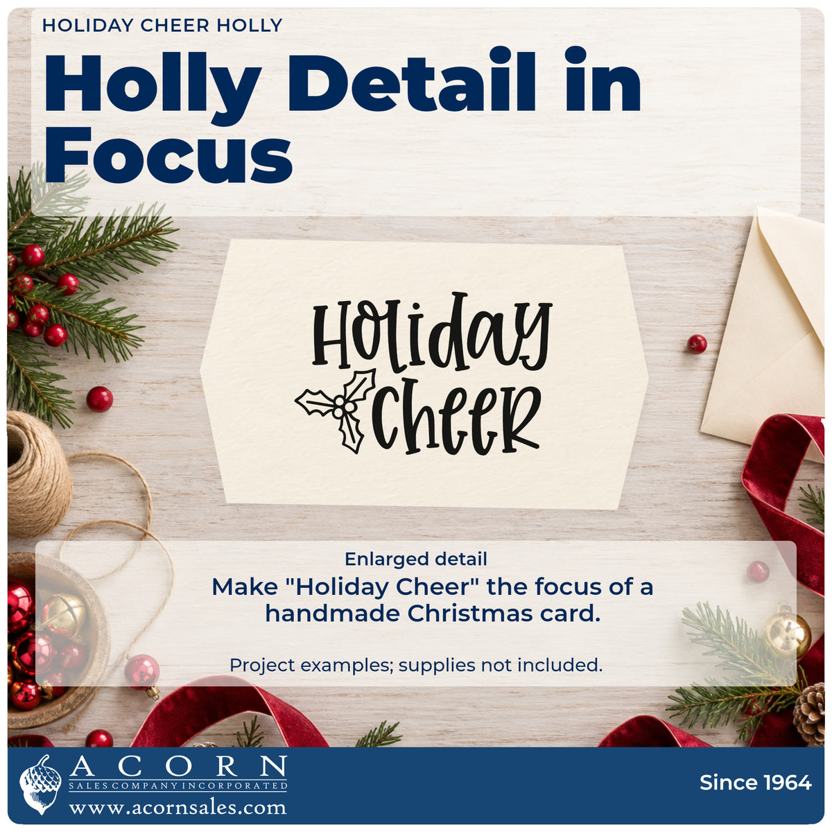 Enlarged detail of the Holiday Cheer Holly Outline Detail Stamp – Premium Vintage Pro Wooden imprint. “Holiday Cheer” appears in tall decorative lettering beside outlined holly.