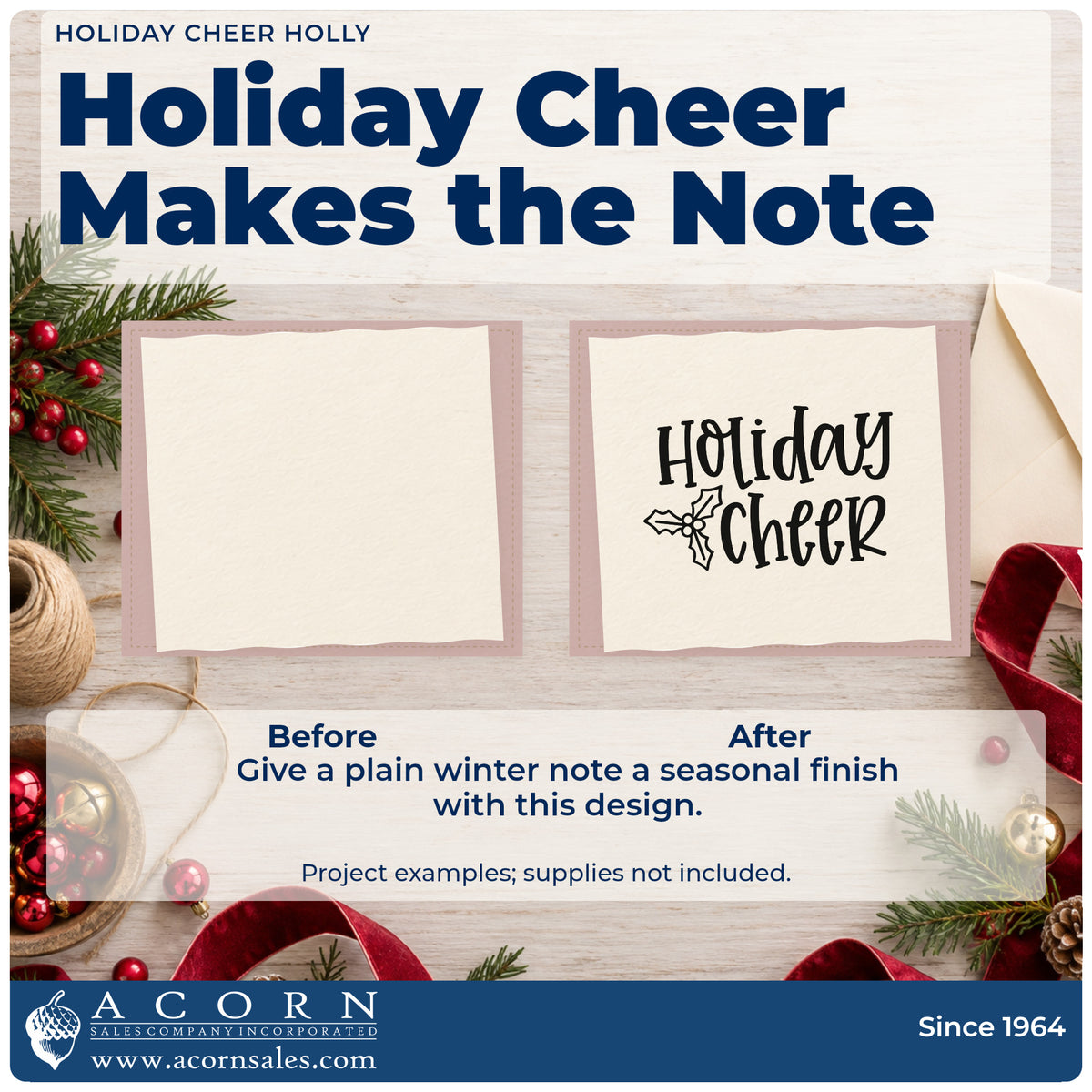 Before and after of a plain item finished with the Holiday Cheer Holly Outline Detail Stamp – Premium Vintage Pro Wooden, a quick upgrade for framed assembly room.