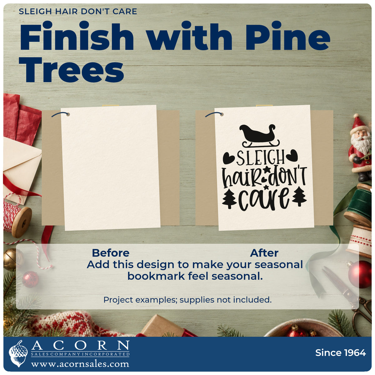 Before and after of a plain item finished with the Sleigh Hair Don't Care Pine Motif PSI Pre-Inked Stamp, a quick upgrade for framed station mirror.
