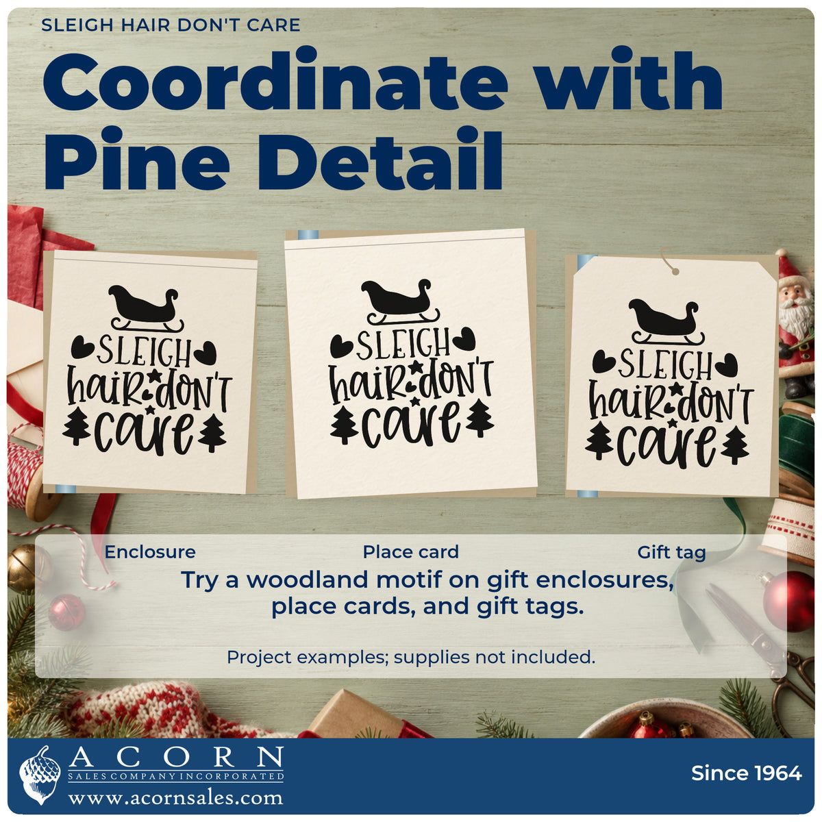 Three project examples made with the Premium Wooden Sleigh Hair Don't Care Pine Motif Stamp – Vintage Pro, including booking log sheet.