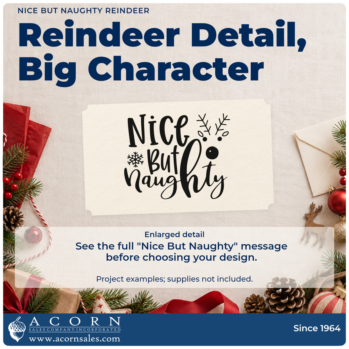 Enlarged detail of the Slim Pre-Inked Nice But Naughty Reindeer Stamp imprint. “Nice But Naughty” appears beside simple antlers, a round nose, and a snowflake.