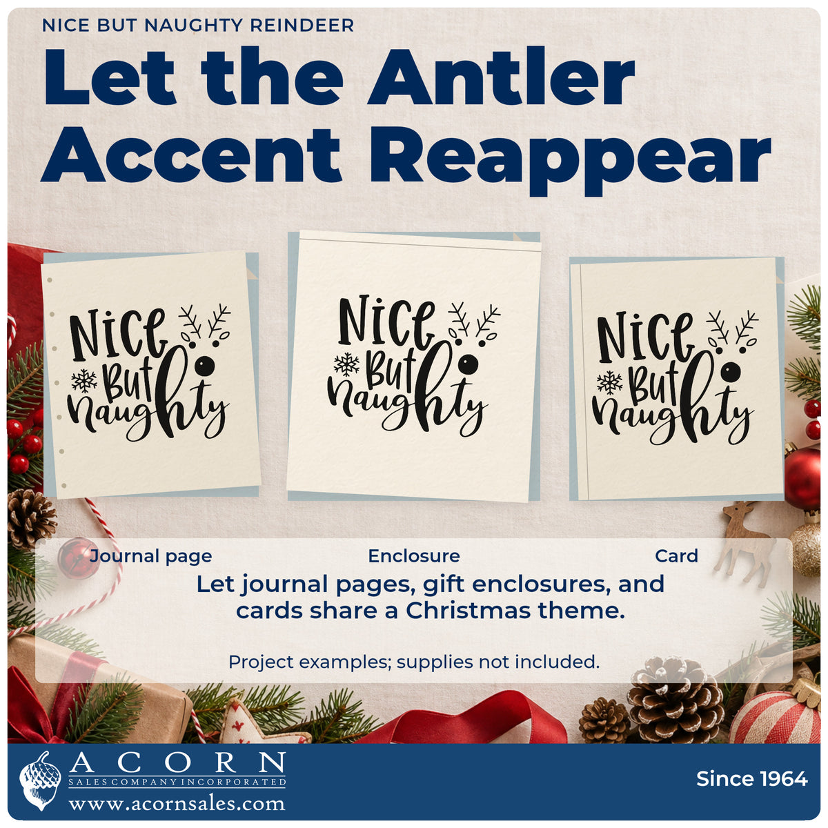 Three project examples made with the Nice But Naughty Reindeer Premium Wooden Stamp – Vintage Pro, including pros cons sheet.