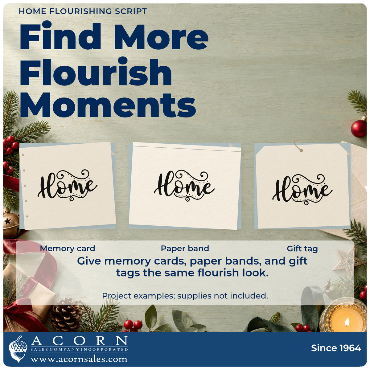 Three project examples made with the Self-Inking Home Flourishing Script Stamp, including address book header.
