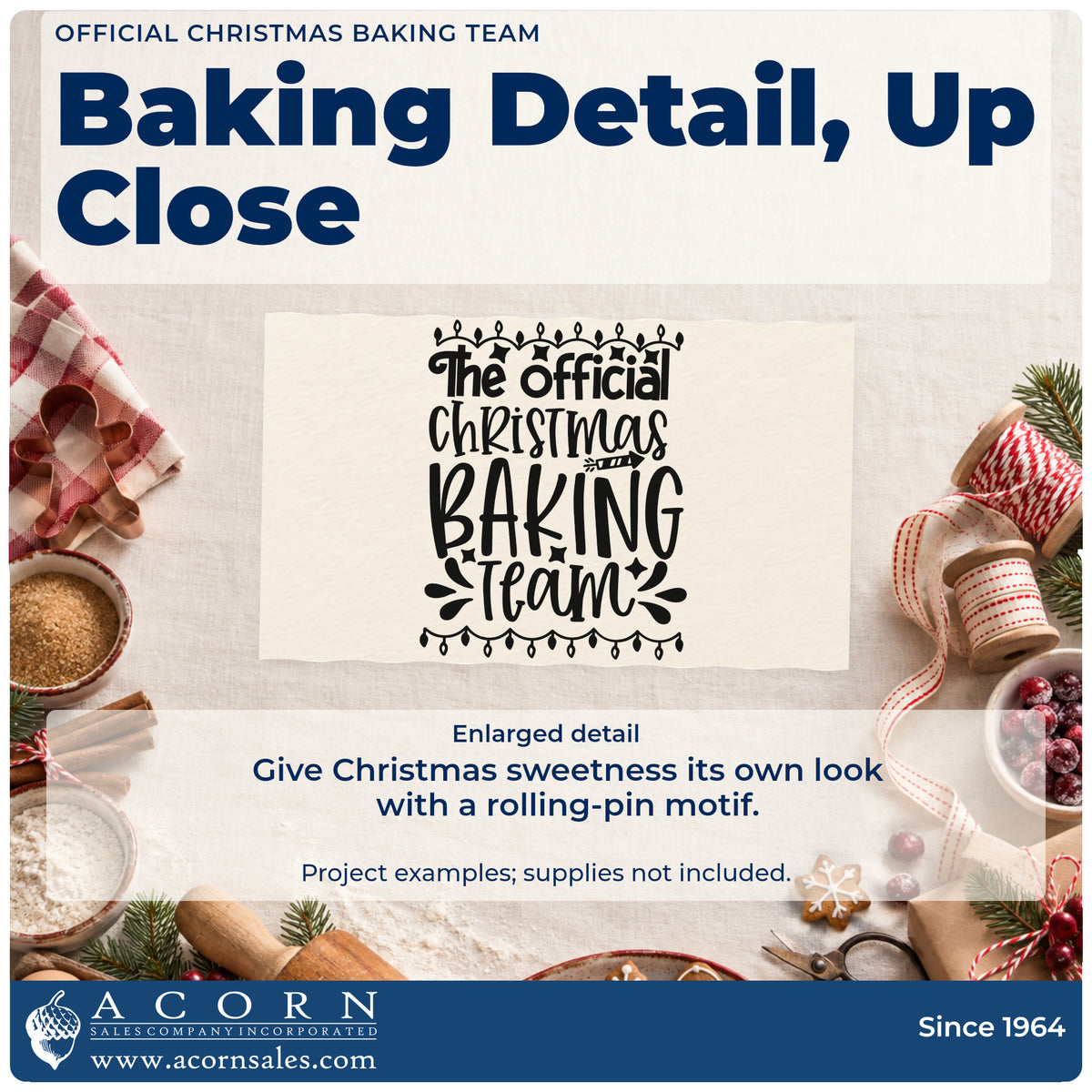 Enlarged detail of the Official Christmas Baking Team Pre-Inked Stamp – Slim imprint. “The Official Christmas Baking Team” features hanging lights, stars, a rolling pin, and decorative strokes.