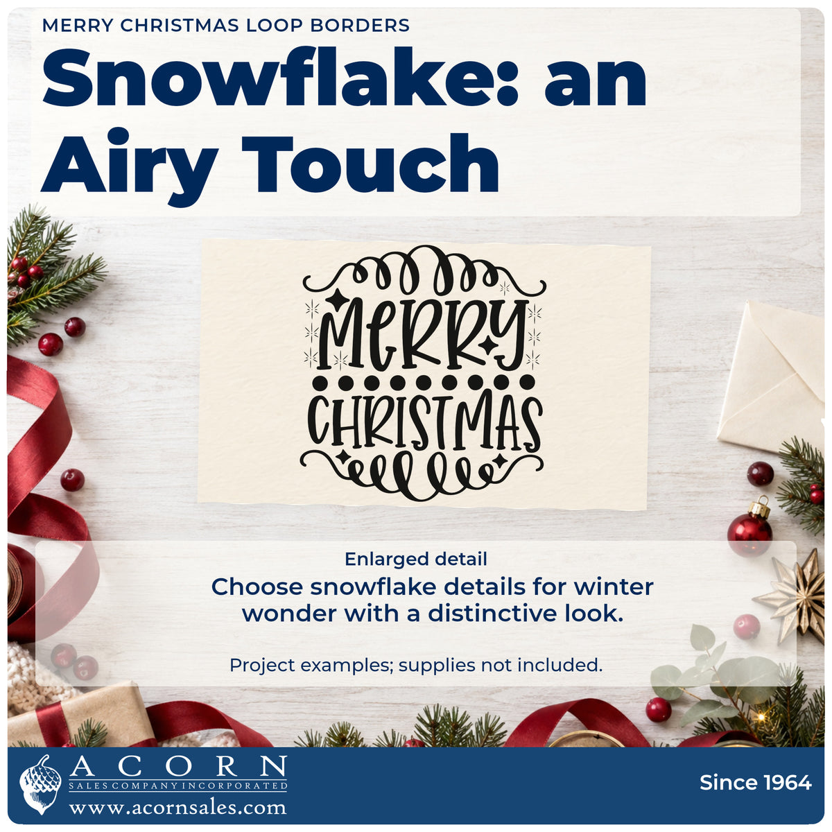 Enlarged detail of the Merry Christmas Loop Borders Compact Pre-Inked Stamp – Slim imprint. “Merry Christmas” appears between looping flourishes with a dotted divider and fine snowflakes.