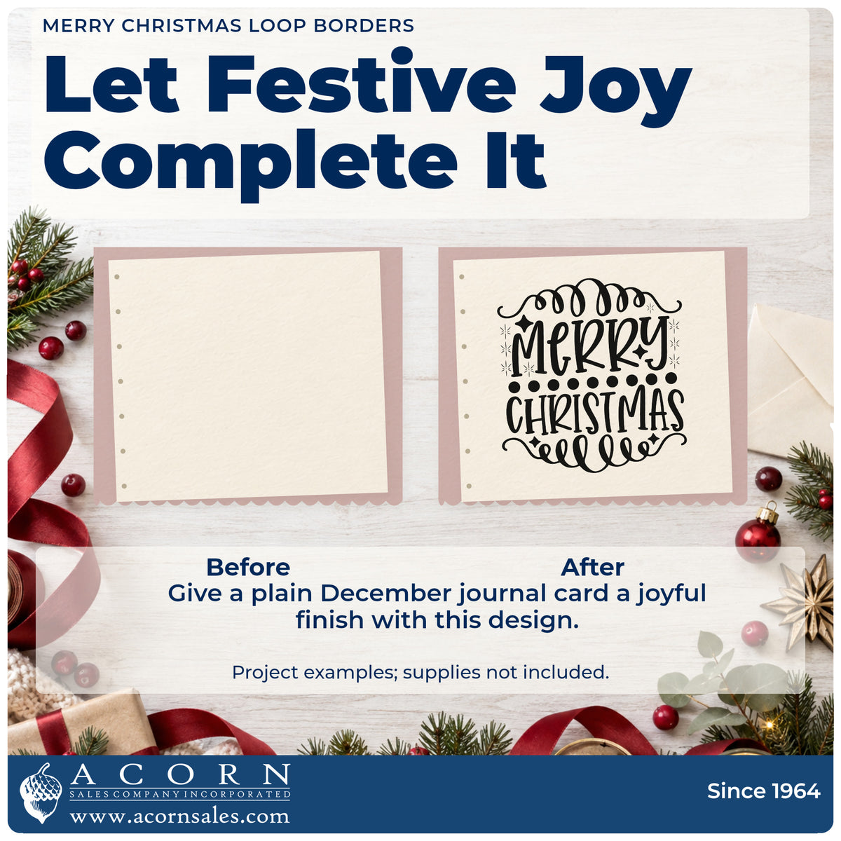 Before and after of a plain item finished with the Merry Christmas Loop Borders Premium Wooden Stamp – Vintage Pro, a quick upgrade for framed small mat.