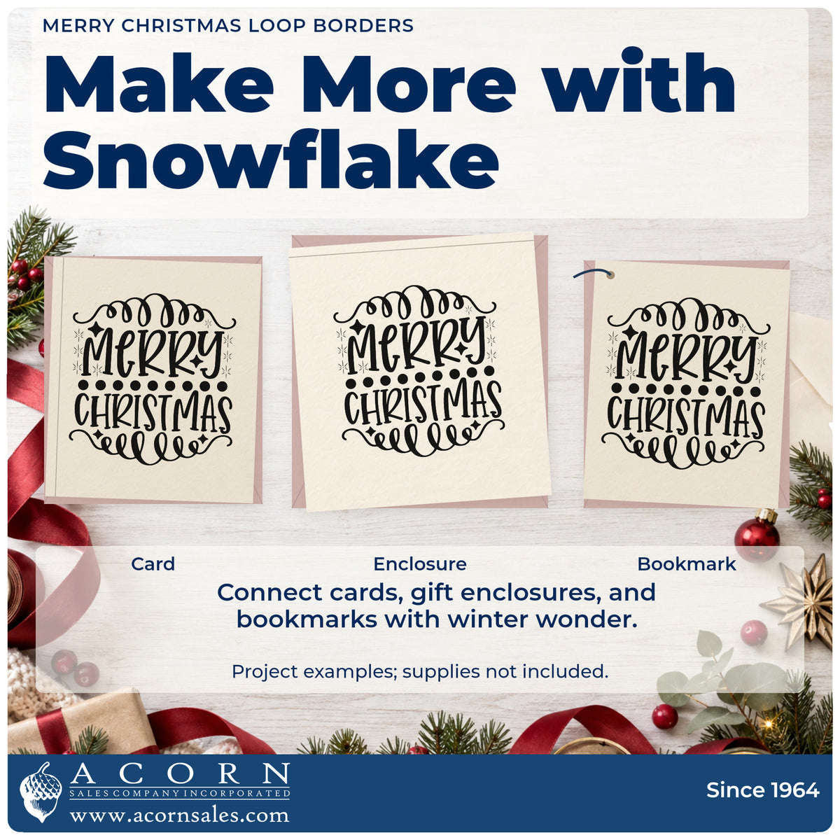 Three project examples made with the Merry Christmas Loop Borders Compact Pre-Inked Stamp – Slim, including note divider sheet.