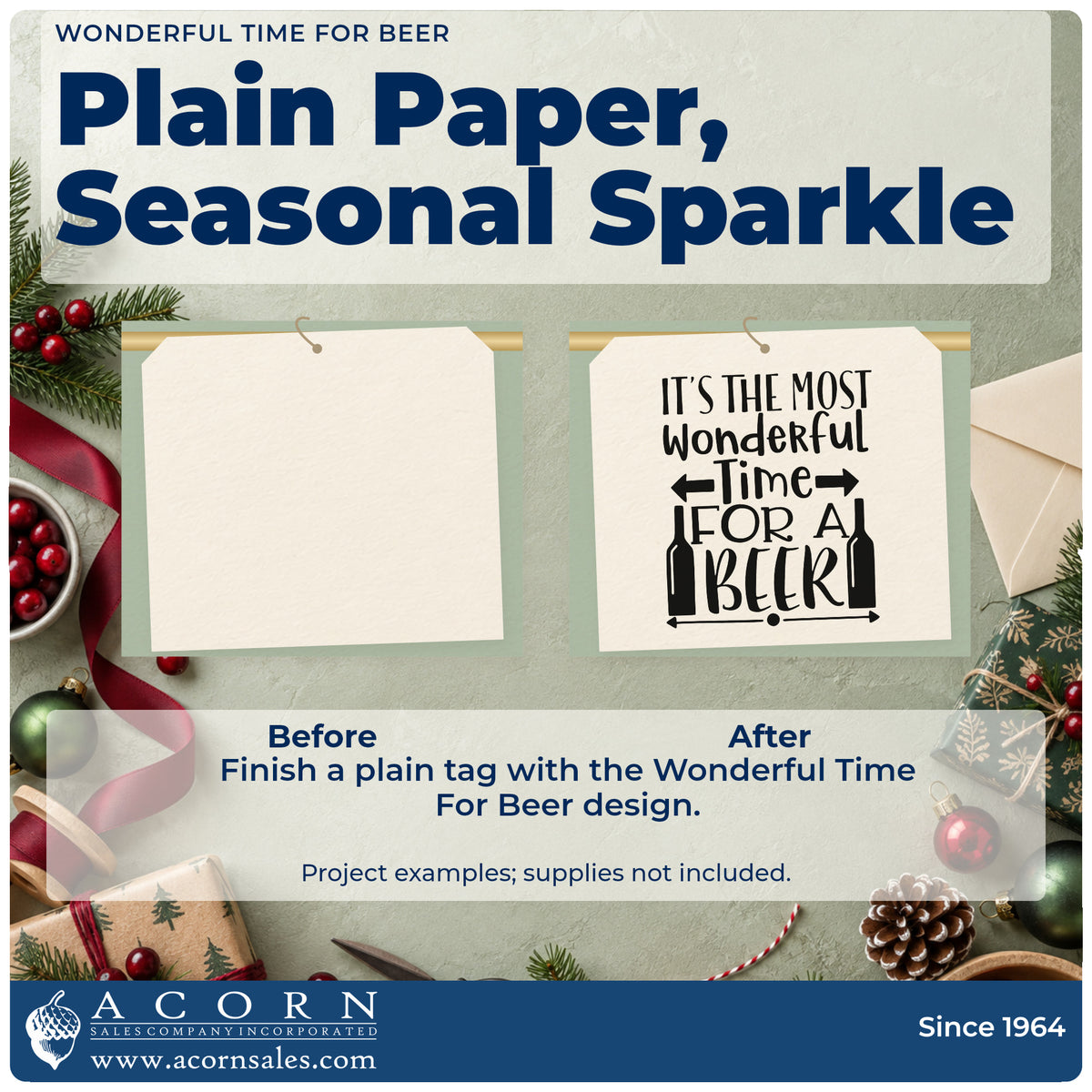 Before and after of a plain item finished with the It's The Most Wonderful Time For A Beer Premium Wood-Mounted Stamp – Vintage Pro, a quick upgrade for framed garage fridge.
