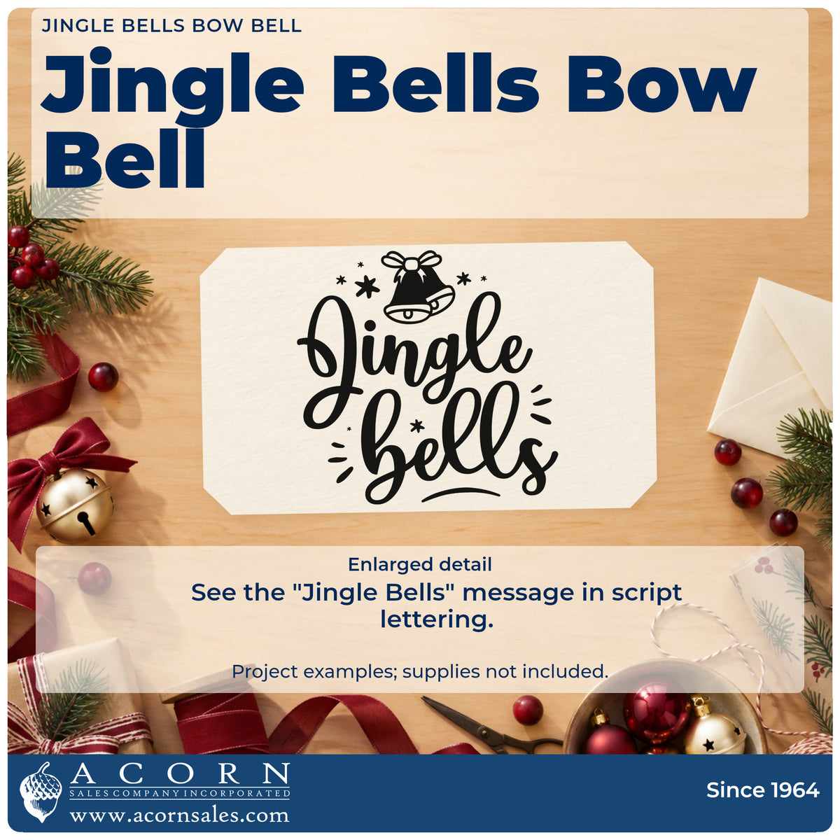 Enlarged detail of the Jingle Bells Bow Bell Premium Wooden Stamp – Vintage Pro imprint. “Jingle Bells” appears in thick script beneath a bow-topped bell with stars and accent rays.