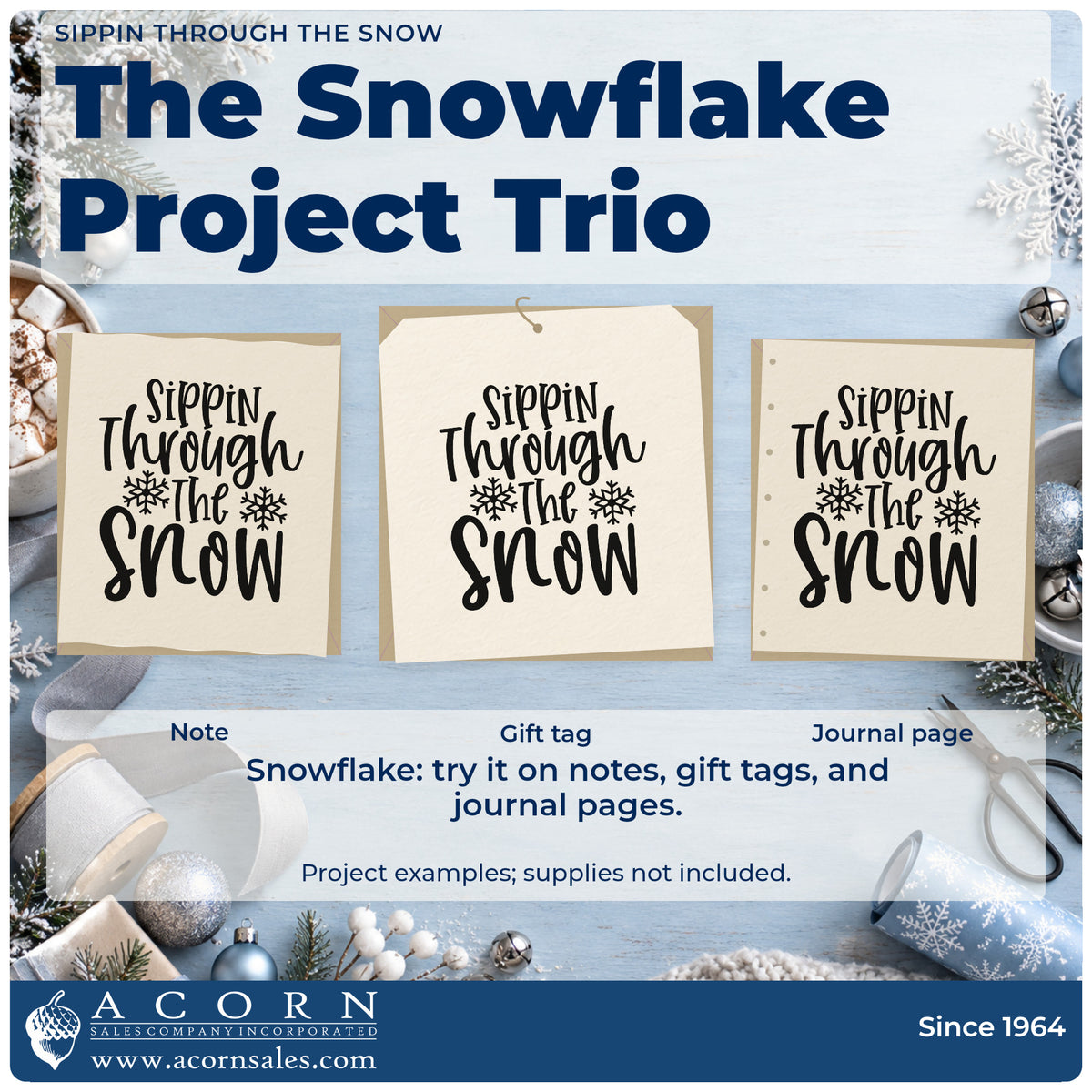 Three project examples made with the Sippin Through The Snow Slim Pre-Inked Stamp, including recipe card sheet.