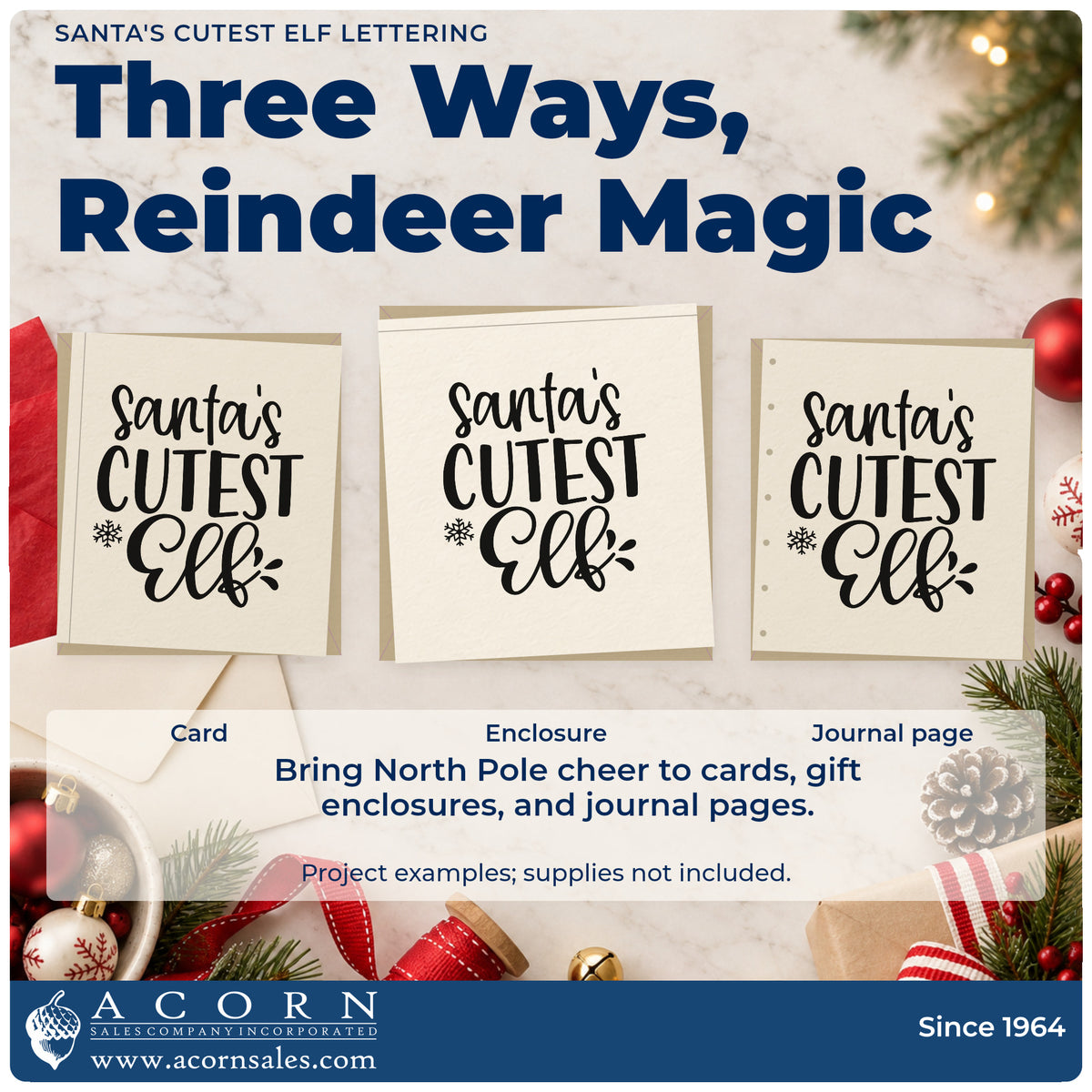 Three project examples made with the Santa's Cutest Elf Lettering Self-Inking Stamp, including scrapbook photo pages.