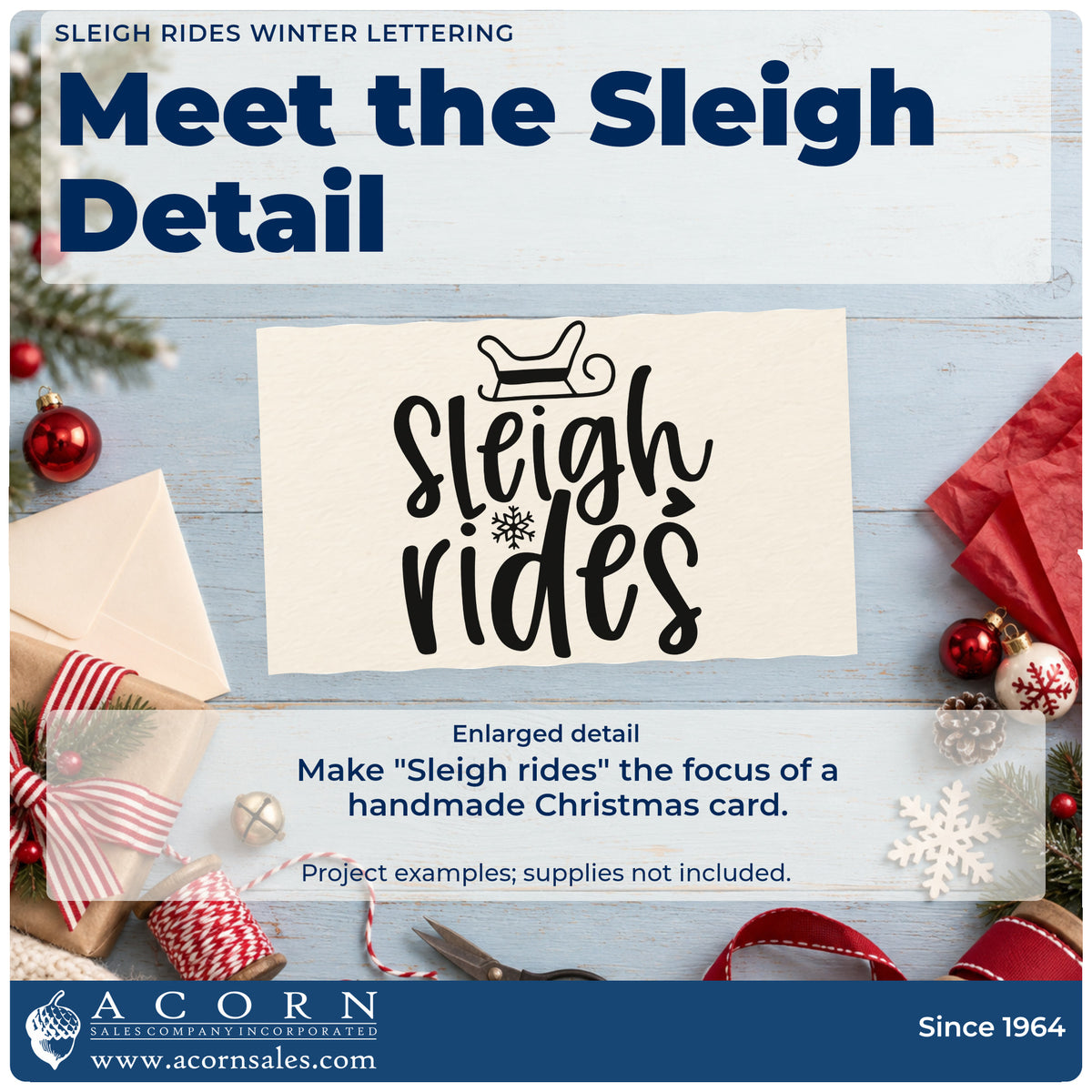 Enlarged detail of the Sleigh Rides Winter Word Art Hand Stamp – Duo imprint. The words "Sleigh rides" appear beneath a sleigh with a snowflake accent.