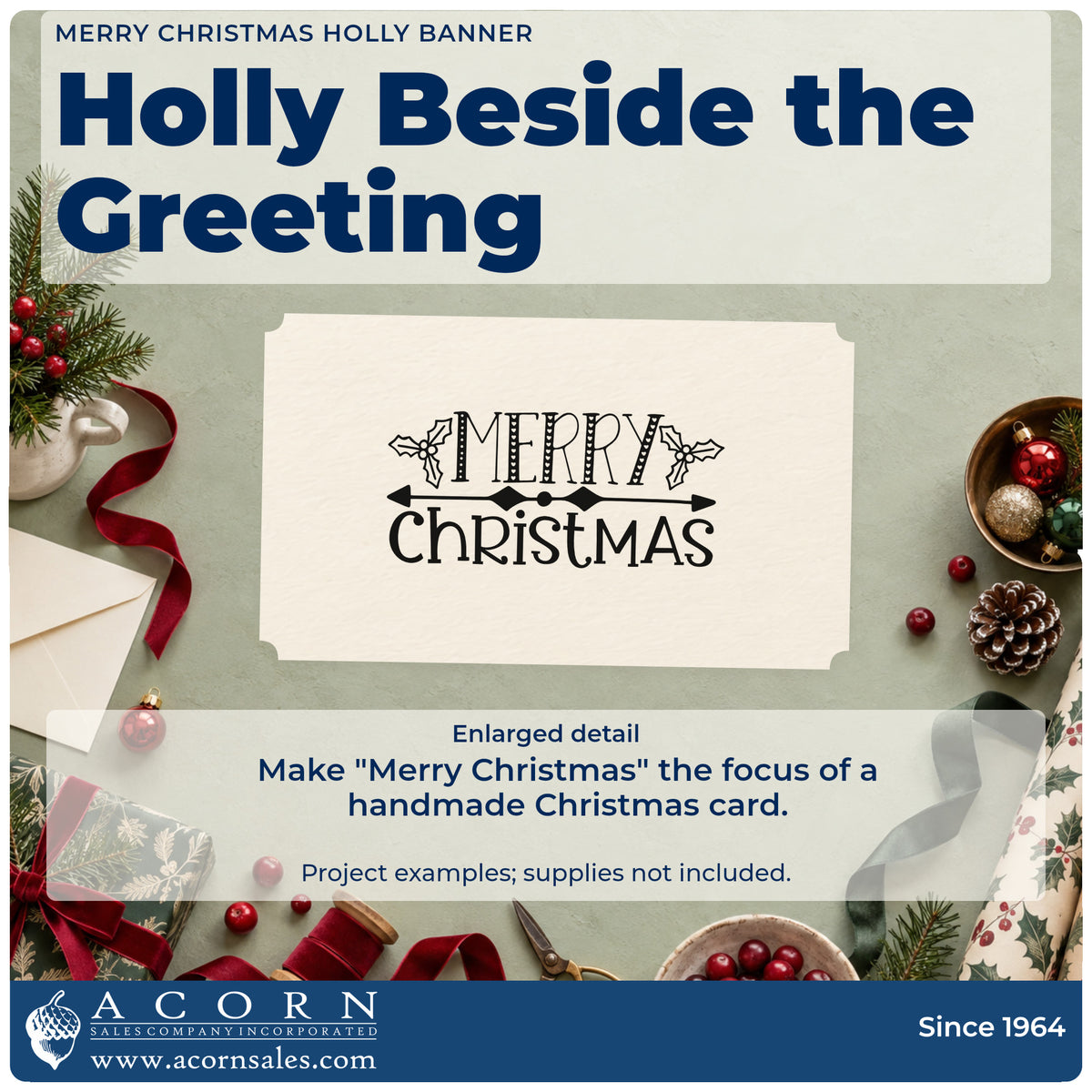 Enlarged detail of the Merry Christmas Holly Banner Wood Handle Stamp imprint. The words "Merry Christmas" are separated by a diamond line and flanked by holly.