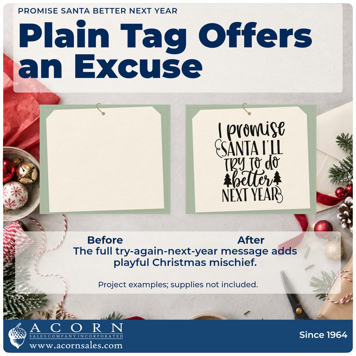 Before and after of a plain item finished with the Promise Santa Better Next Year Stamp – Premium Vintage Pro Wooden, a quick upgrade for framed desk reminder.