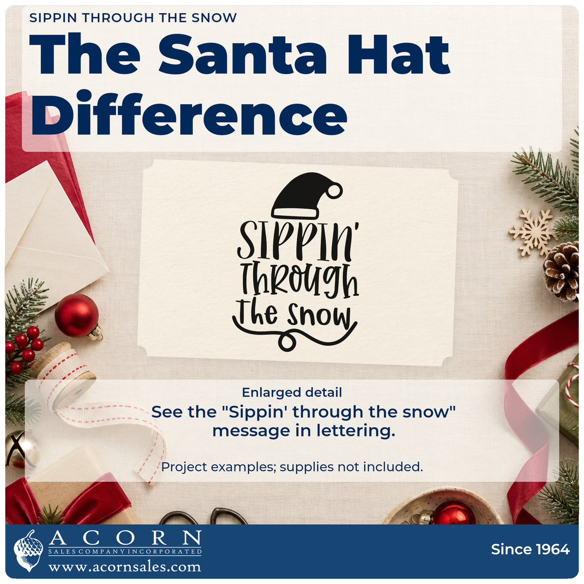 Enlarged detail of the Sippin' Through The Snow Hat Rubber Stamp – Duo Hand imprint. The words "Sippin' through the snow" appear beneath a Santa hat with a looping underline.
