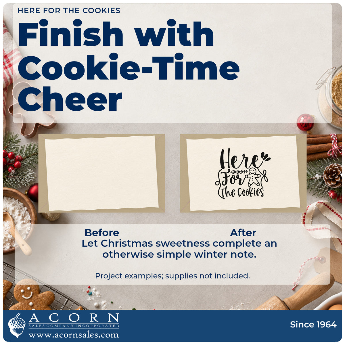 Before and after of a plain item finished with the Here For The Cookies Stamp – Wood Handle, a quick upgrade for framed snack nook.