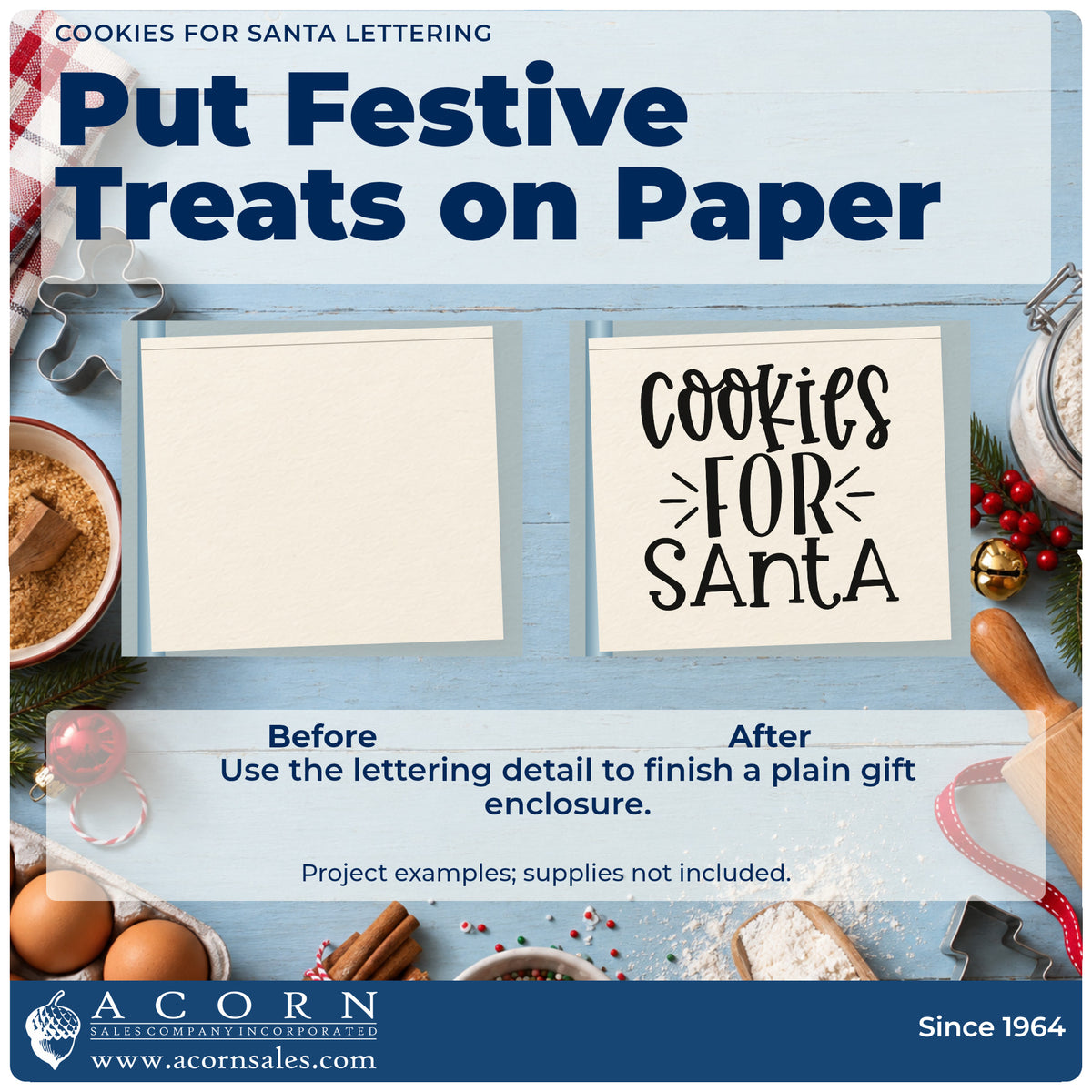 Before and after of a plain item finished with the Cookies For Santa Lettering Slim Pre-Inked Stamp, a quick upgrade for framed square mat.
