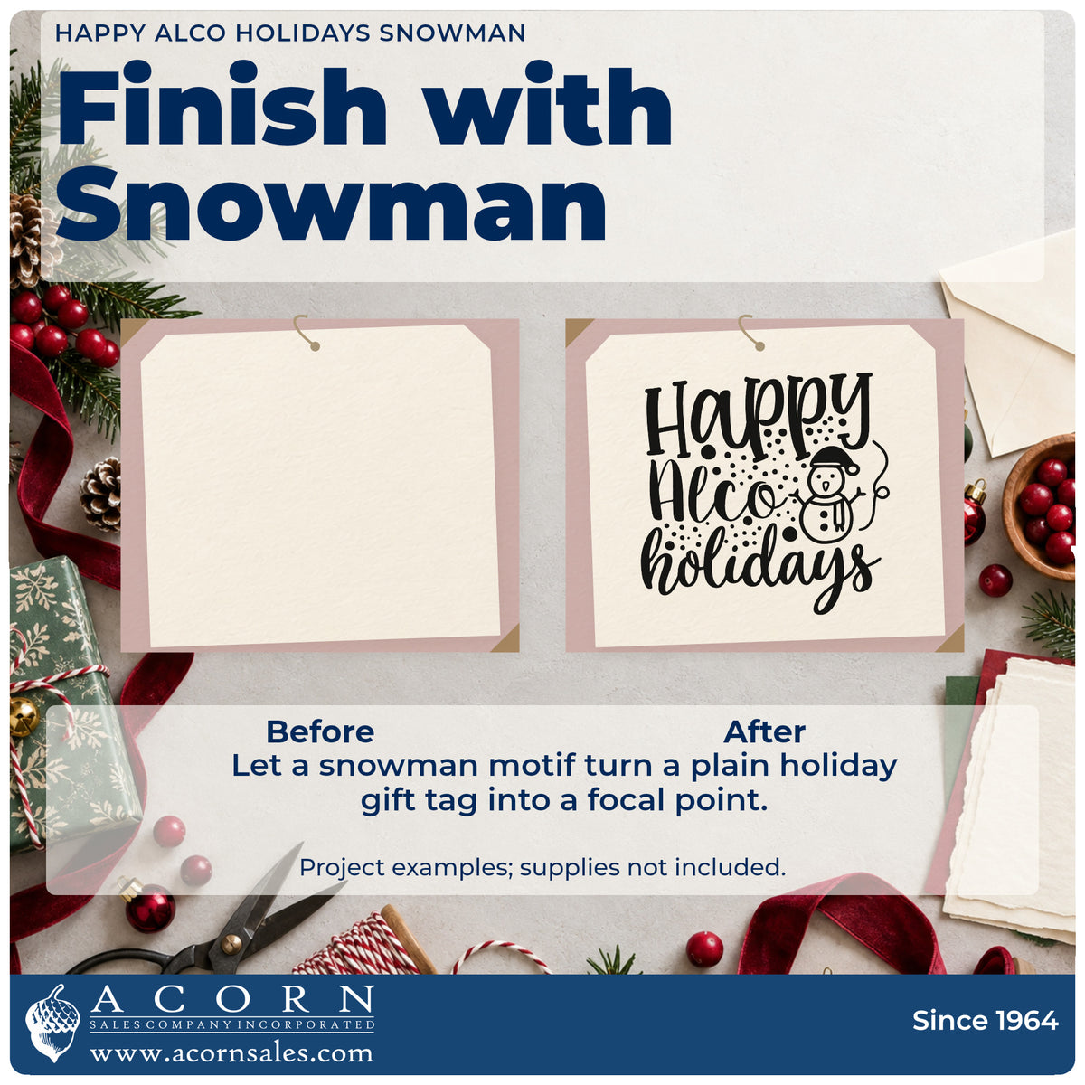 Before and after of a plain item finished with the Happy Alco Holidays Snowman Self-Inking Stamp, a quick upgrade for framed cart shelf.