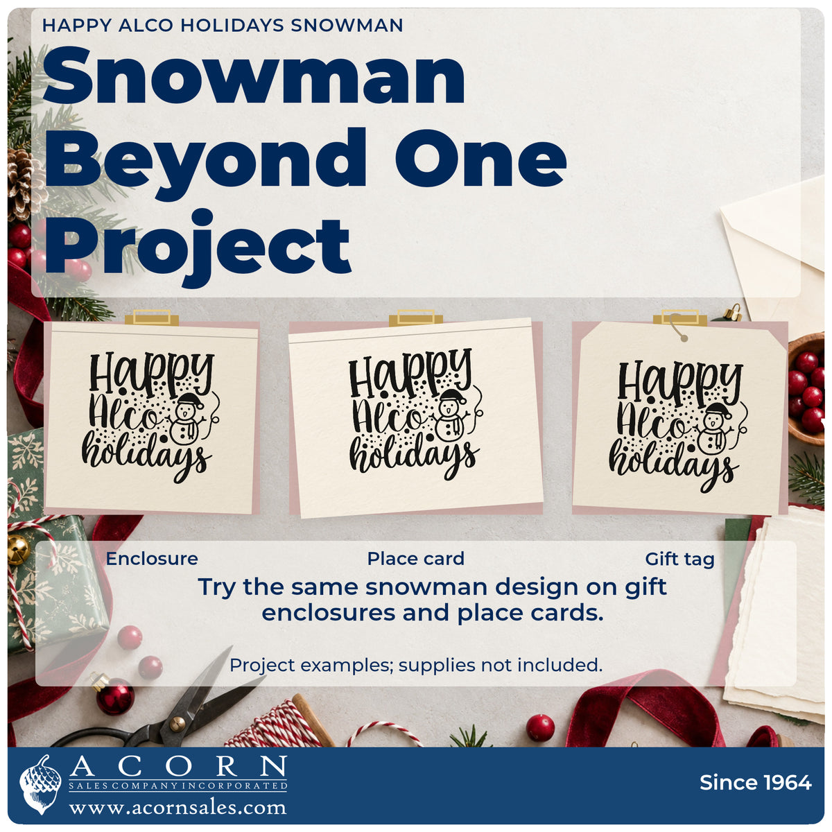 Three project examples made with the Happy Alco Holidays Snowman PSI Pre-Inked Stamp, including drink plan sheet.