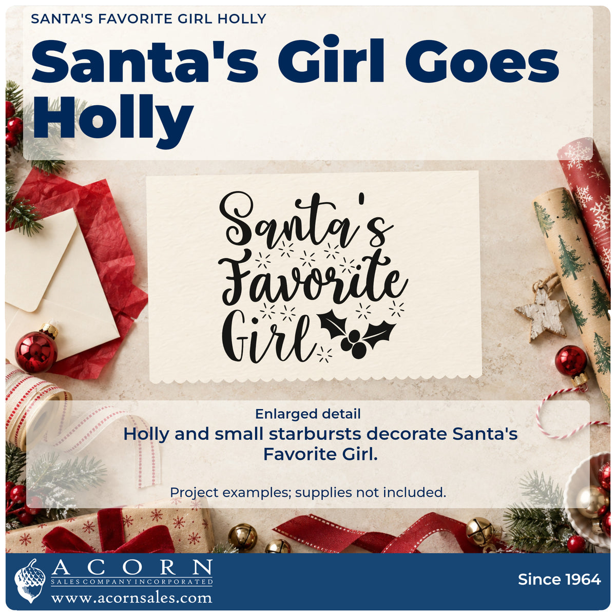 Enlarged detail of the Santa's Favorite Girl Holly With Sparkles Stamp – Premium Vintage Pro Wooden imprint. The words "Santa's favorite girl" appear with holly and small starburst accents.