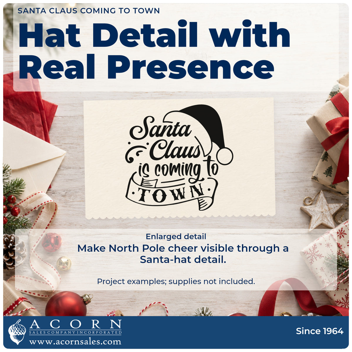 Enlarged detail of the Santa Claus Is Coming To Town Pre-Inked Stamp – PSI imprint. The phrase "Santa Claus is coming to town" is topped by a Santa hat and ends in a ribbon banner.