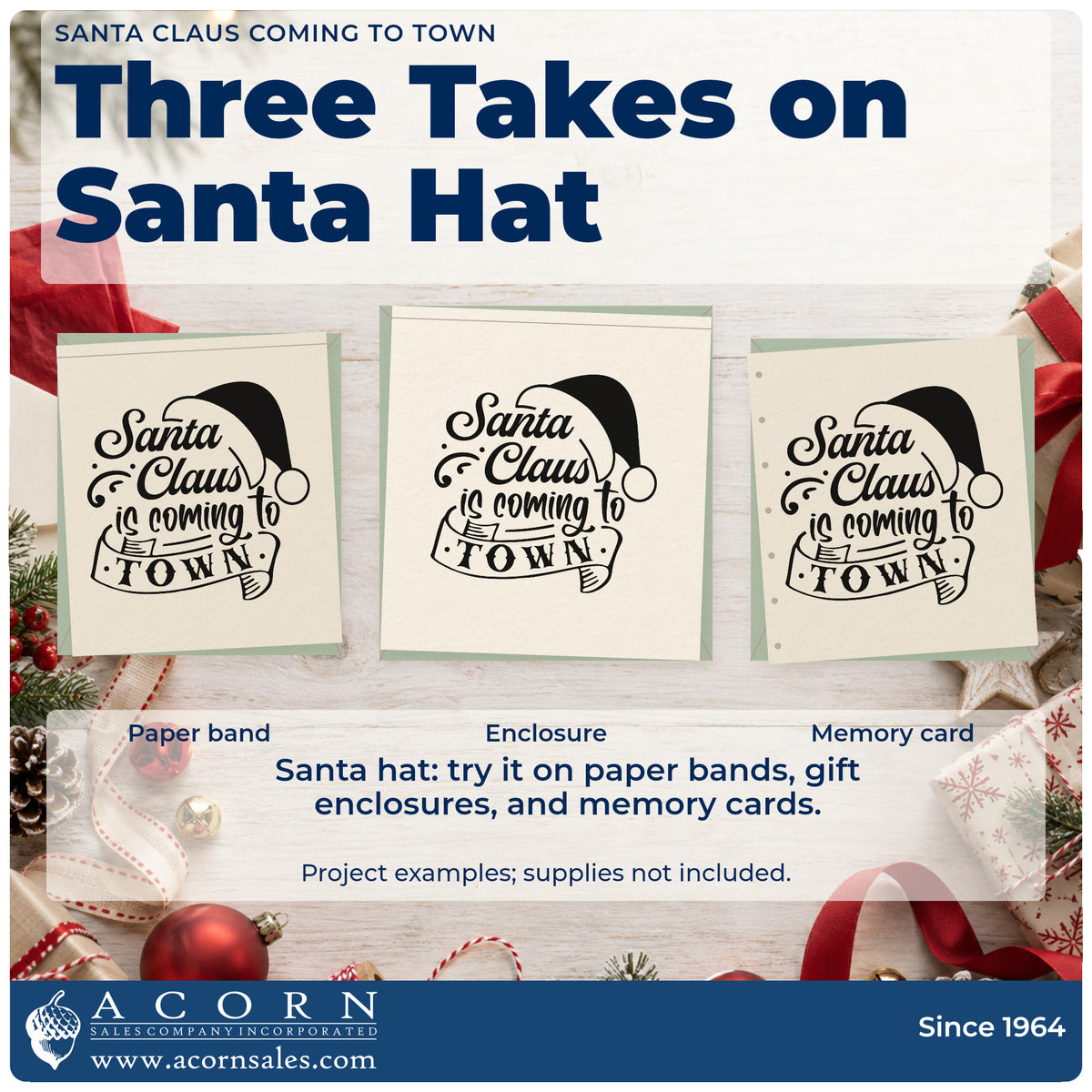 Three project examples made with the Slim Pre-Inked Santa Claus Is Coming To Town Stamp, including visit log sheet.