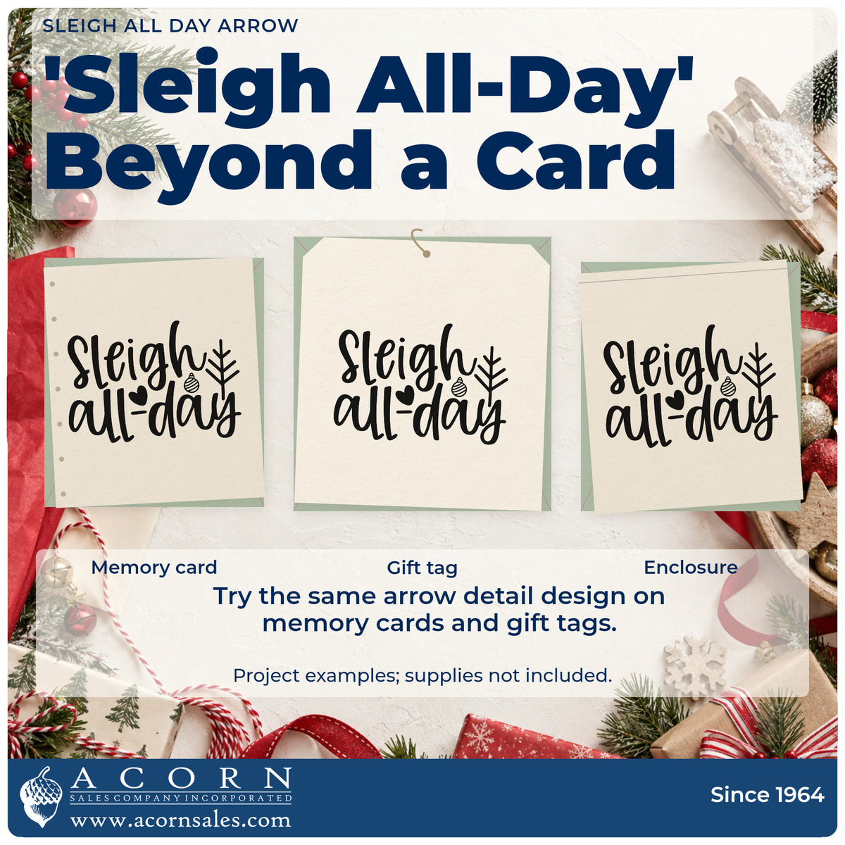 Three project examples made with the Sleigh All Day Arrow Ornaments Stamp – Self-Inking, including shop bag gift tags.